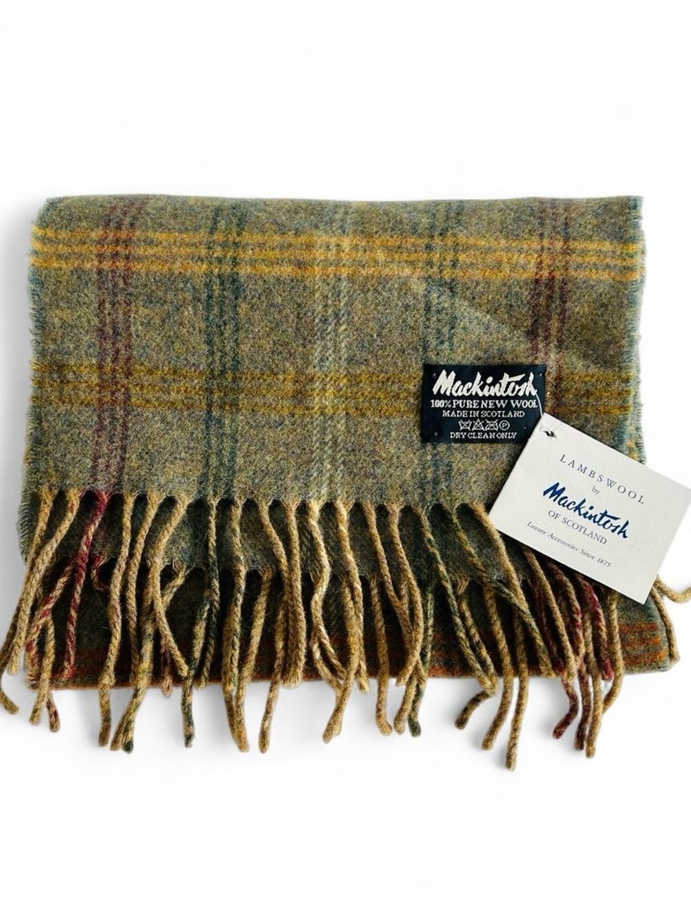 NWT Mackintosh Scotland Green Plaid Lambswool Scarf for Men Winter Cozy